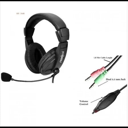 Frontech HF-3448 Wired Multimedia Headphones with Dual Jack & Microphone (Black, On the Ear)